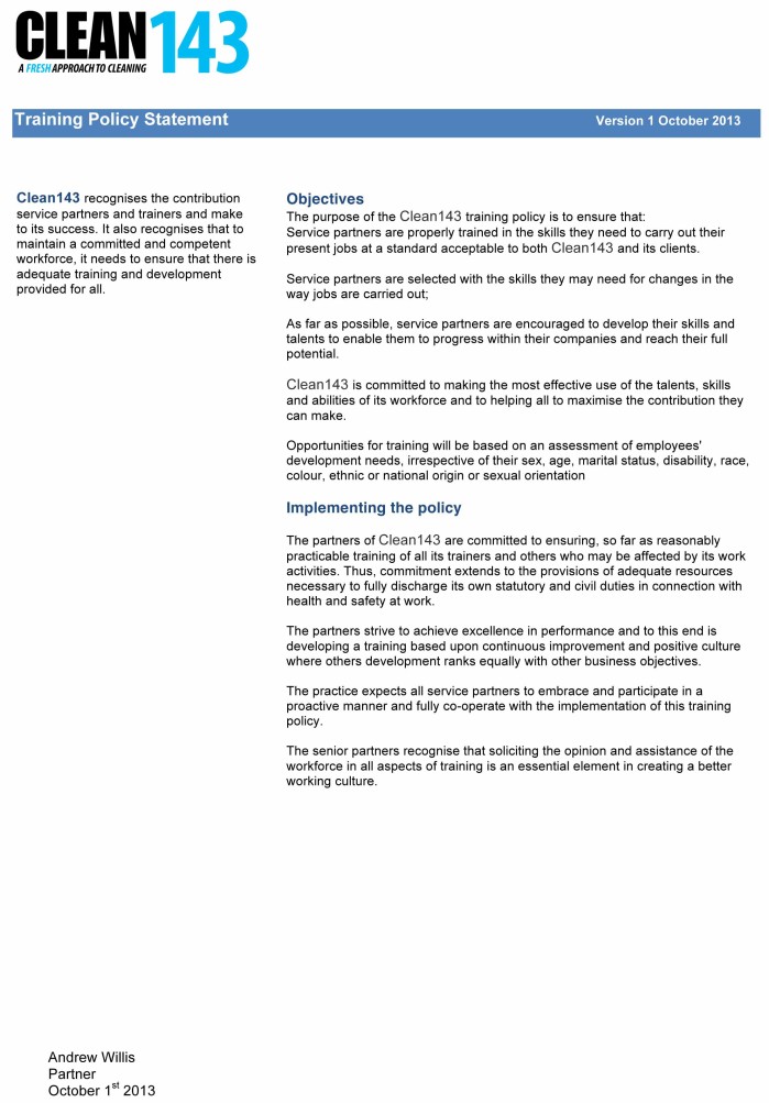 Clean 143 Training policy